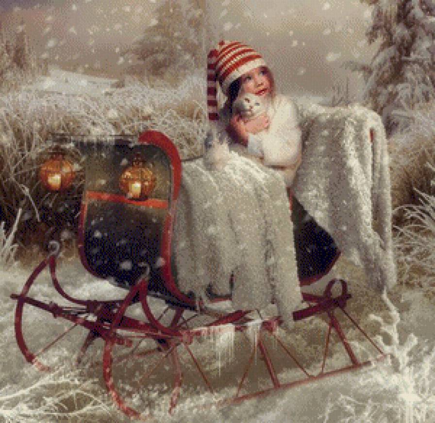 №571242 - снег, зима, кошка, ребенок, сани - предпросмотр