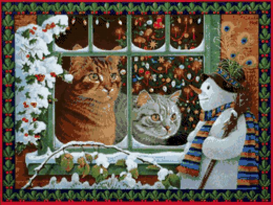 Кошкино Рождество - кошки, животные, рождество, зима, живопись - предпросмотр