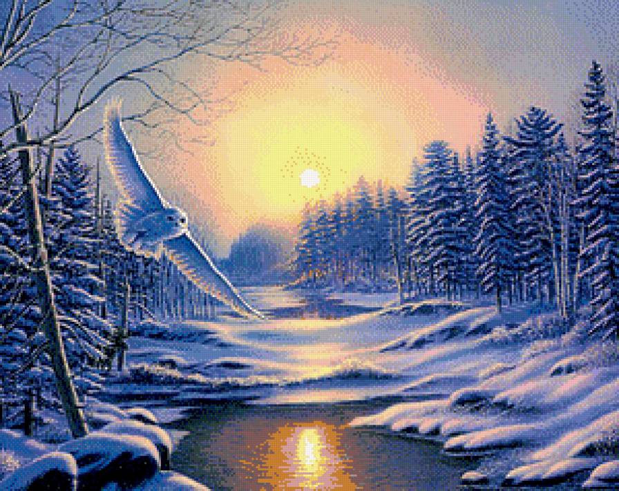 сова - зима, лес, закат, река, сова - предпросмотр