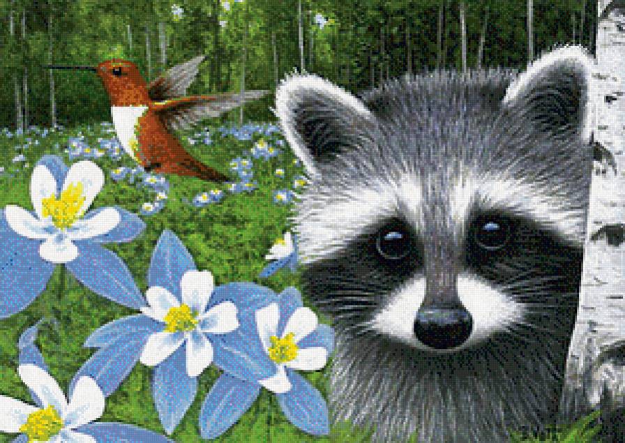 Енотик - животные, еноты, птичка, цветы - предпросмотр