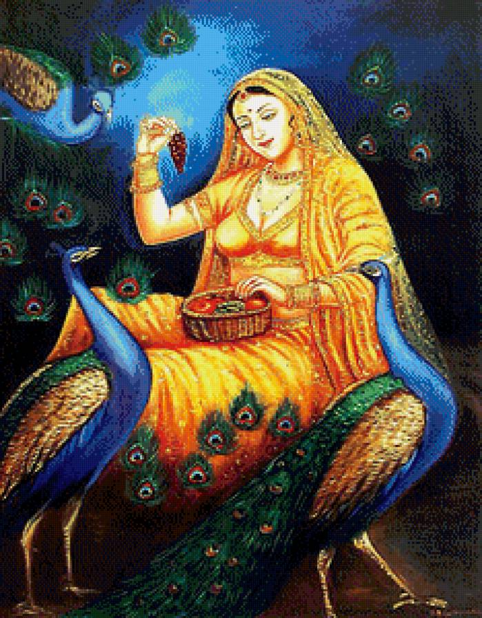 Индийская принцесса - птицы, принцессы, индия, павлины, девушка, восток - предпросмотр