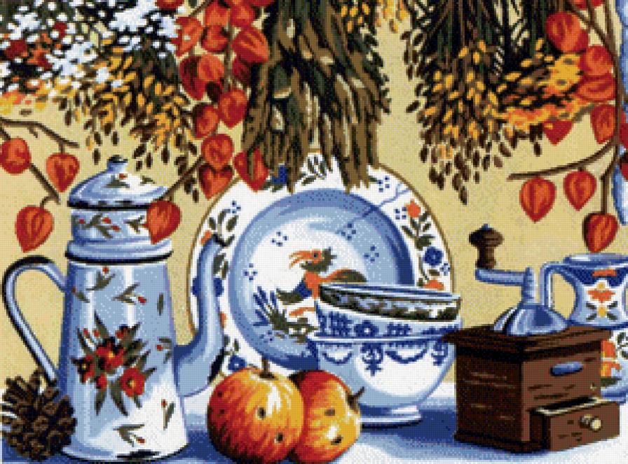 для кухни - яблоки, тарелка, стол, посуда, цветы - предпросмотр