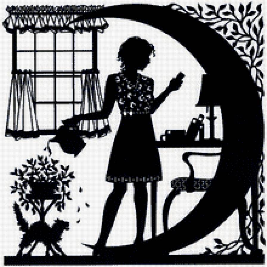 девушка и цветок - цветок, девушка, черно белое, картина - предпросмотр