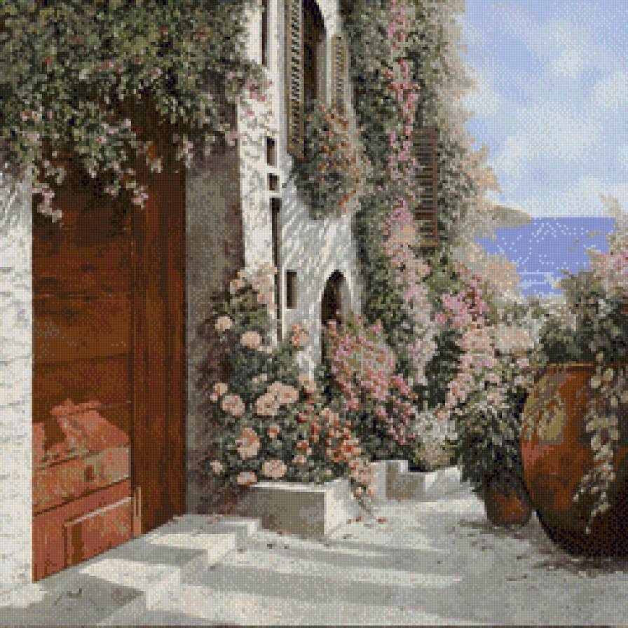 зветущий дворик - цветы, улица, дом, здания - предпросмотр