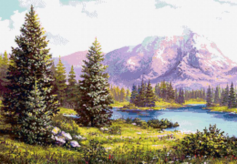 Снежные вершины - горы, река, сосны, природа, пейзаж - предпросмотр