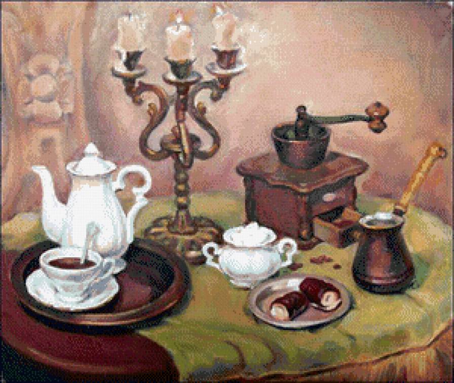 Кофейный натюрморт - чайник, десерт, свеча, натюрморт, кофе - предпросмотр