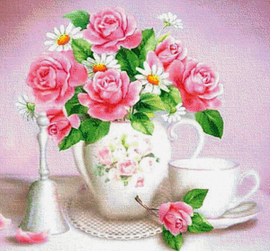 Нежное утро - букет, чашка, розы, кухня, цветы - предпросмотр