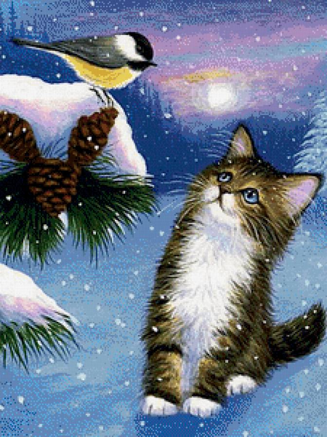 Котенок и птичка - зима, птичка, елочка, животные, котенок, шишки - предпросмотр