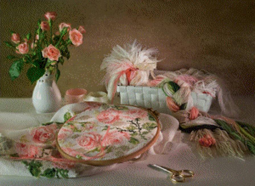 Вышивальный натюрморт - натюрморт, цветы, вышивка - предпросмотр