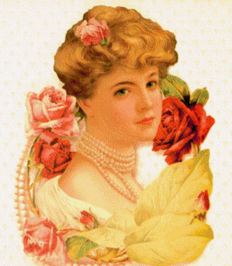 винтажный портрет - девушка, винтаж, портрет, розы - предпросмотр