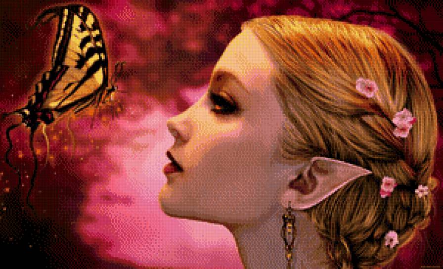 Эльфийка с бабочкой - красавица, девушка, фэнтези, бабочки - предпросмотр