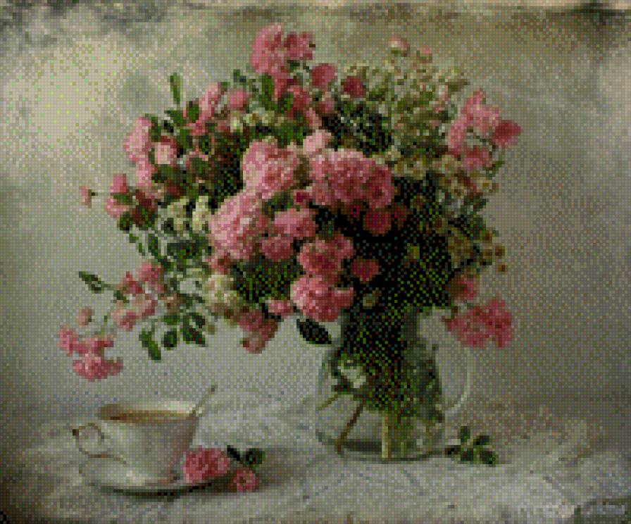 Натюрморт с цветами - цветы, чашка - предпросмотр