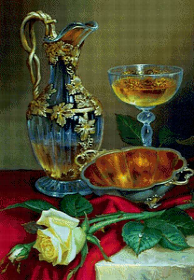 Натюрморт - кувшин, вино, натюрморт, роза - предпросмотр