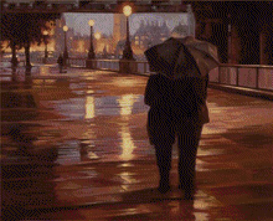 Влюбленные - любовь, вечер, зонтик, дождь - предпросмотр