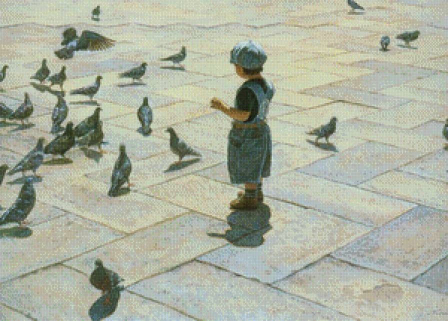 мальчик с голубями.Стив Хэнкс - живопись, дети, стив хэнкс - предпросмотр