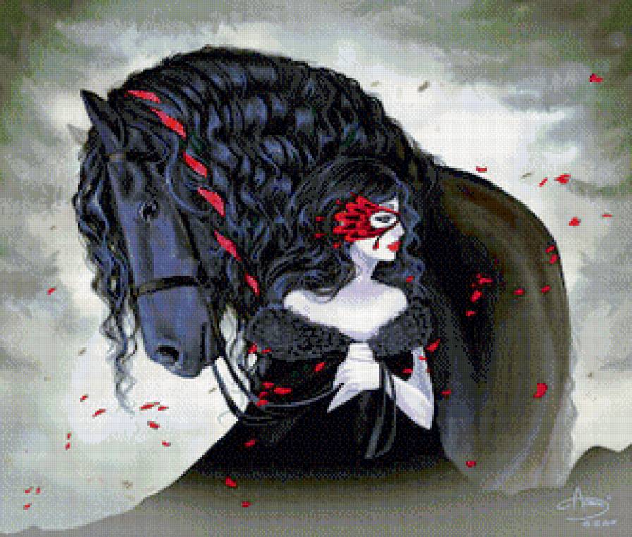 девушка и чёрный конь - девушка фэнтэзи - предпросмотр