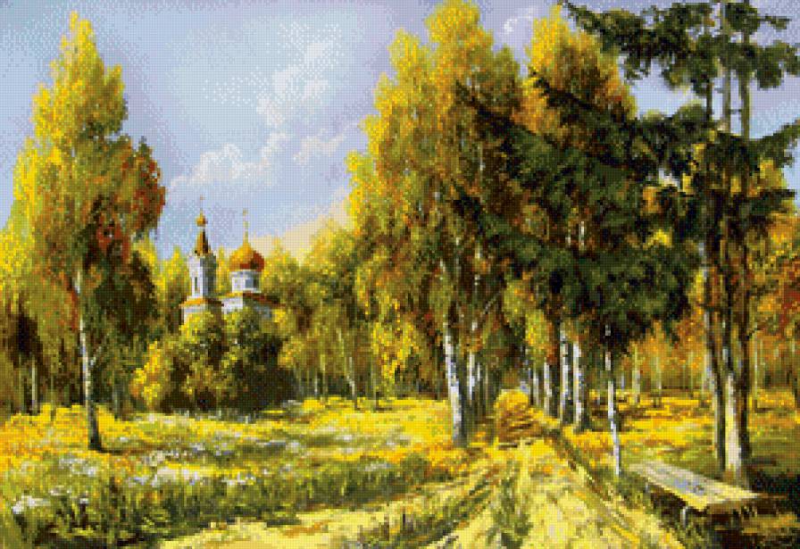 край березовый - лес, храм, пейзаж, природа, березы - предпросмотр