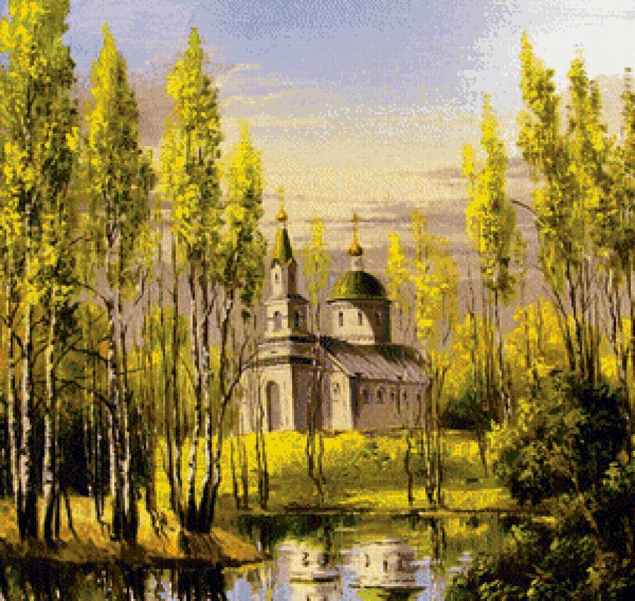 край березовый - природа, пейзаж, березы, лес, храм, озеро - предпросмотр