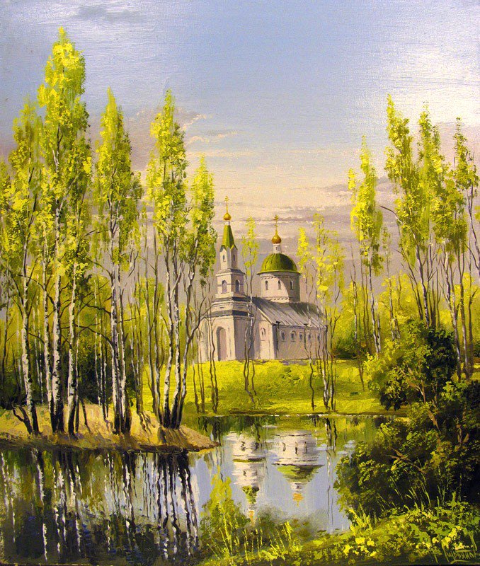край березовый - храм, лес, пейзаж, березы, природа, озеро - оригинал