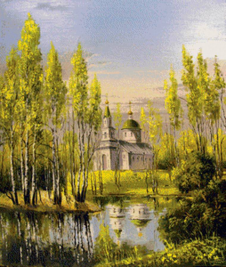 край березовый - храм, лес, природа, озеро, пейзаж, березы - предпросмотр