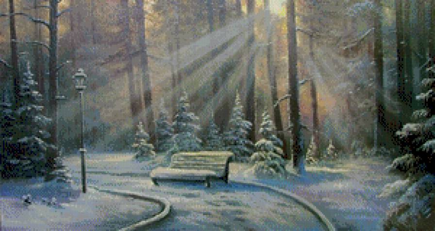 зимний парк - солнце, фонарь, аллея, парк, деревья, пейзаж, зима, снег, скамейка, лес - предпросмотр