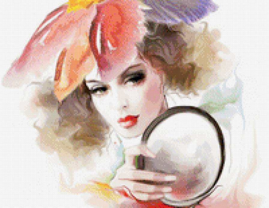 Дувушка с зеркалом - девушка, зеркало, живопись, портрет, акварель - предпросмотр