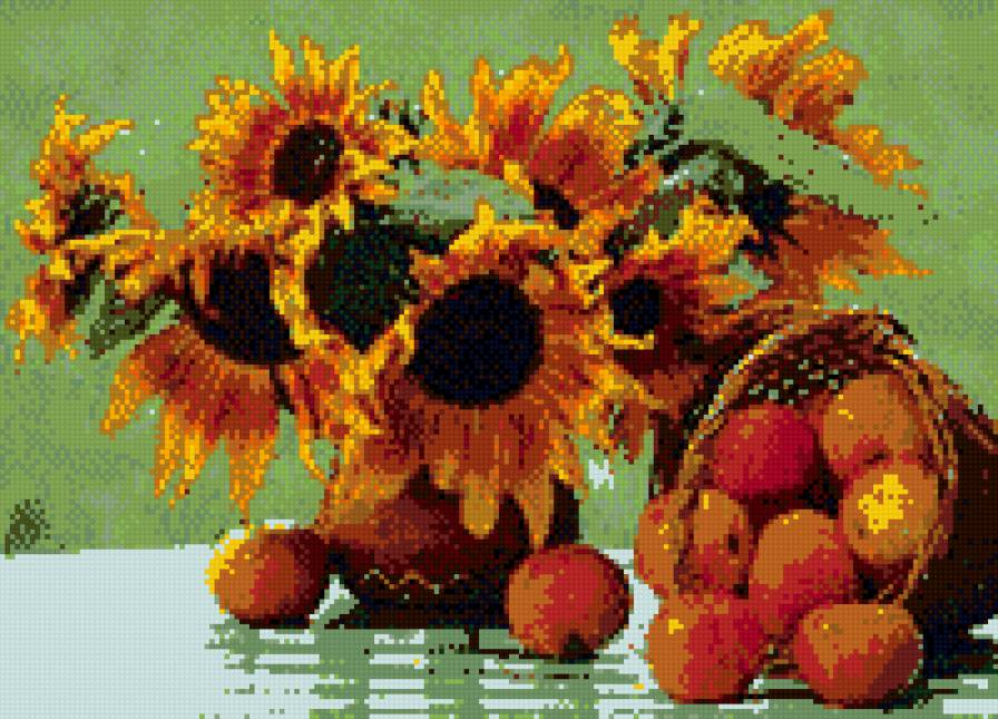 ПОДСОЛНУХИ - цветы.фрукты, натюрморт, вазы, лето.подсолнухи - предпросмотр