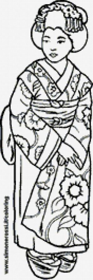 Гейша - восток, япония, красавица, монохром, контурная, азия, девушка - предпросмотр