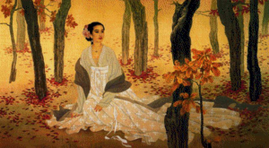 Восточные мотивы - девушка, японка, восток, картина - предпросмотр