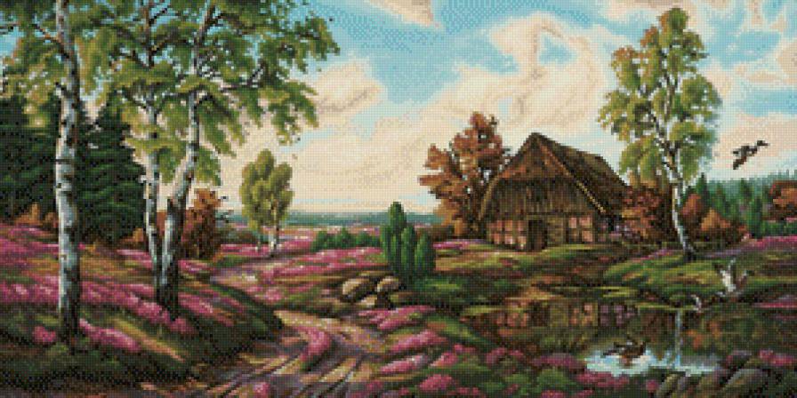 Пейзаж - домик, пейзаж, природа, птицы, река - предпросмотр