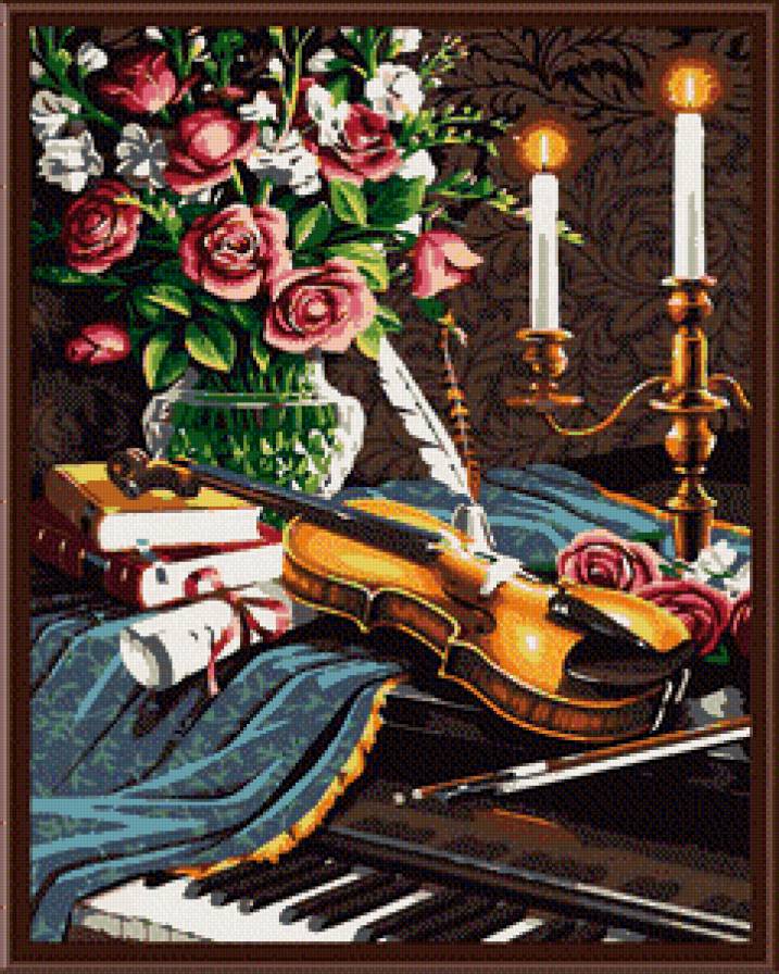 Музыкальный натюрморт - скрипка, цветы, натюрморт, свеча, рояль - предпросмотр