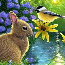 Схема вышивки «Зайчишка и птичка»