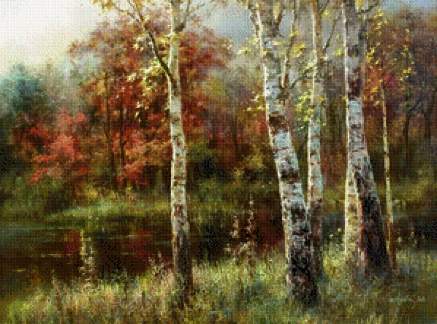 русские берёзы - живопись, озеро, осень, дерево, береза, пейзаж, лес - предпросмотр