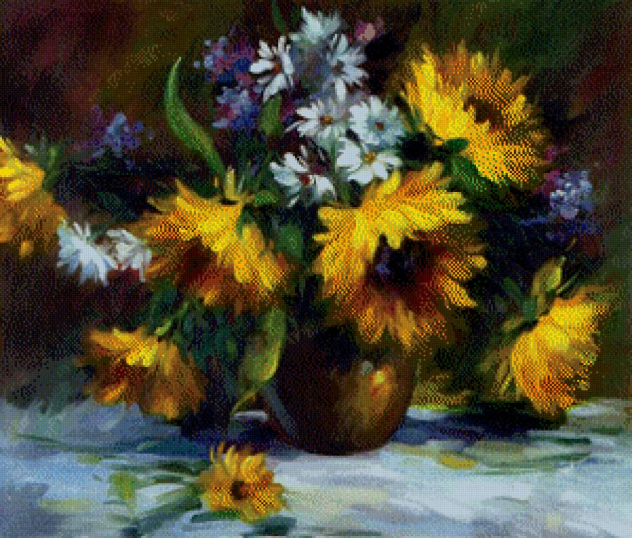 Натюрморт с подсолнухами - натюрморт, ромашки, цветы, картина, подсолнухи - предпросмотр