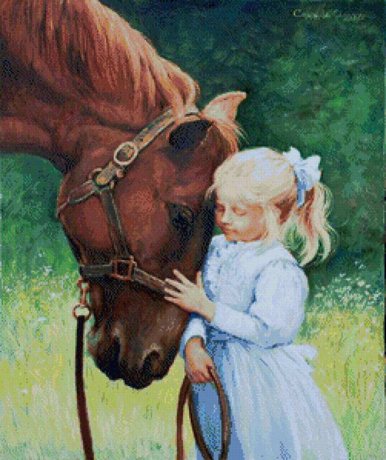 Лошадь и ребенок - девочка, природа - предпросмотр