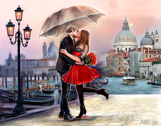 Свидание в Венеции - пара, дождь, фонари, свидание, венеция, зонтик, двое, влюбленные - оригинал