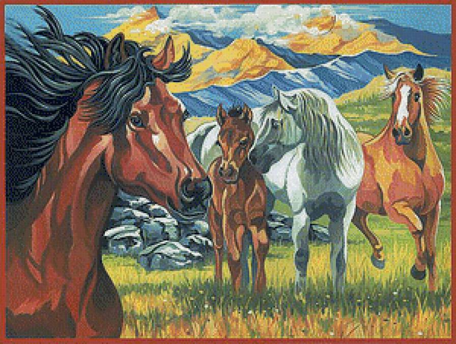 Лошадки - горы, лошади, животные, пейзаж - предпросмотр