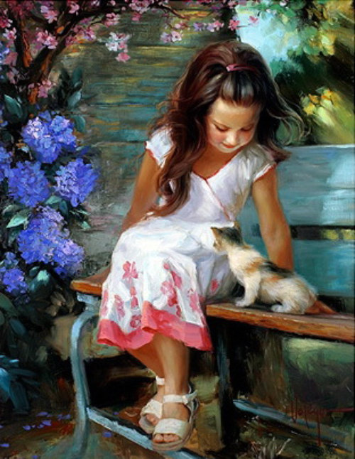 В.Валегов Девочка и котенок - девочка, цветы, котенок, в.валегов, дети - оригинал