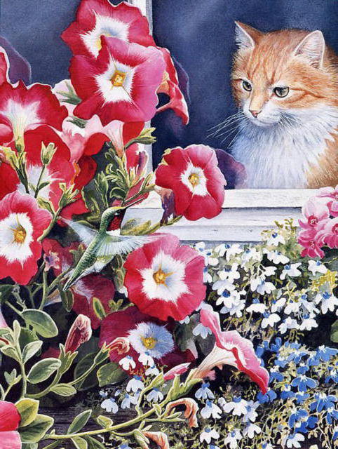 ты кто? - птички, цветы, окно, котики - оригинал