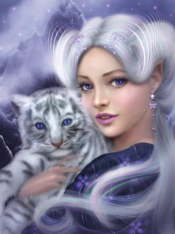 девушка с белым тигренком - девушка, тигр, женщина - оригинал