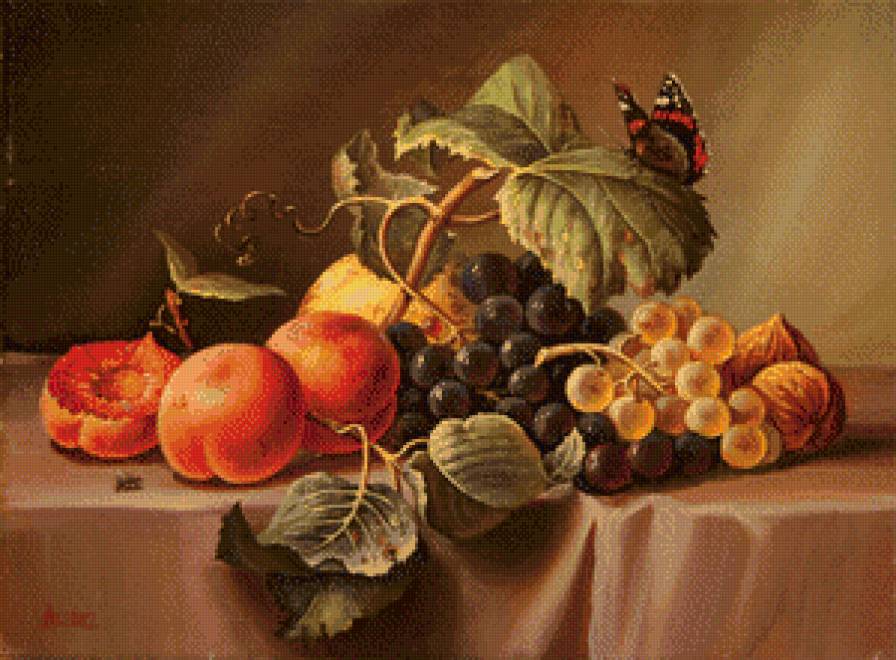 Натюрморт с бабочкой - бабочка, натюрморт, фрукты - предпросмотр
