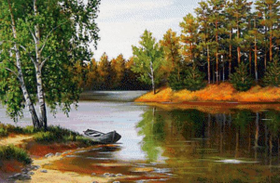 Июль - лодка, полдень, река, сосны, лето, пейзаж, березки - предпросмотр