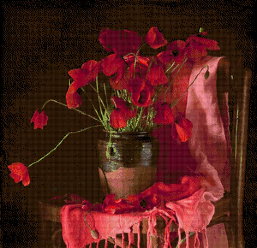 красный натюрморт - цветы, красный натюрморт, натюрморт, кувшин, маки - предпросмотр