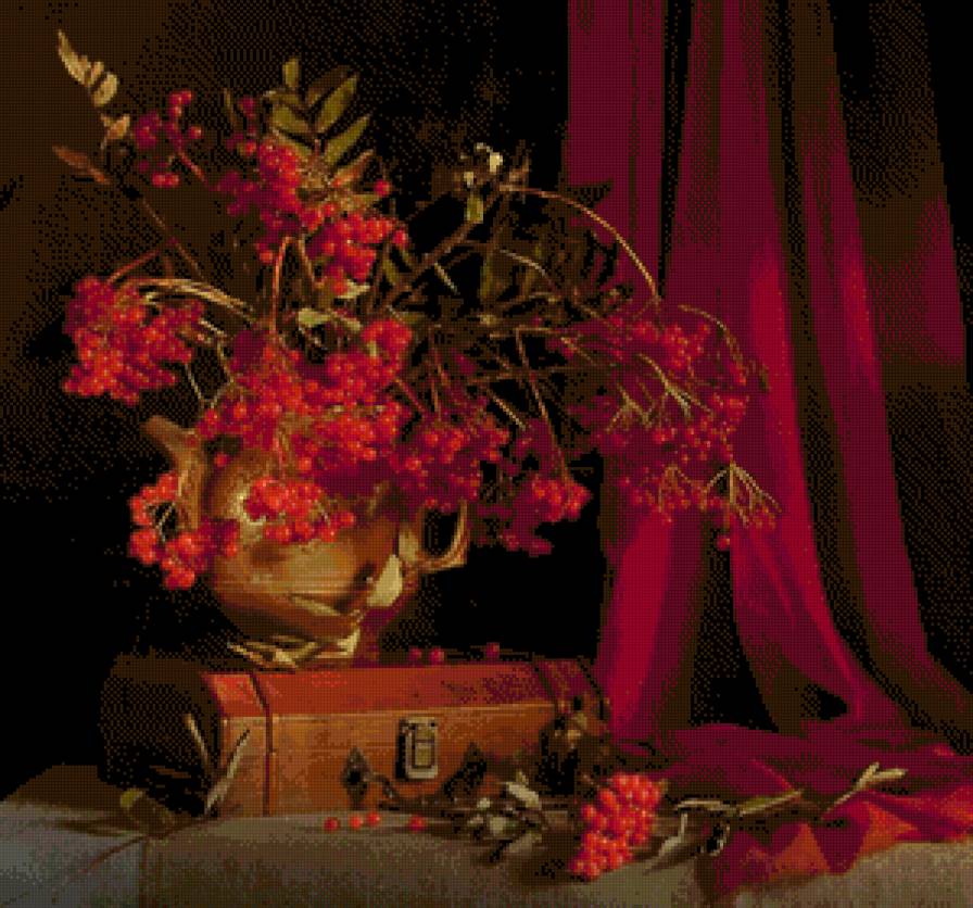 калина красная - натюрморт, красный натюрморт, калина, сундук, букет - предпросмотр