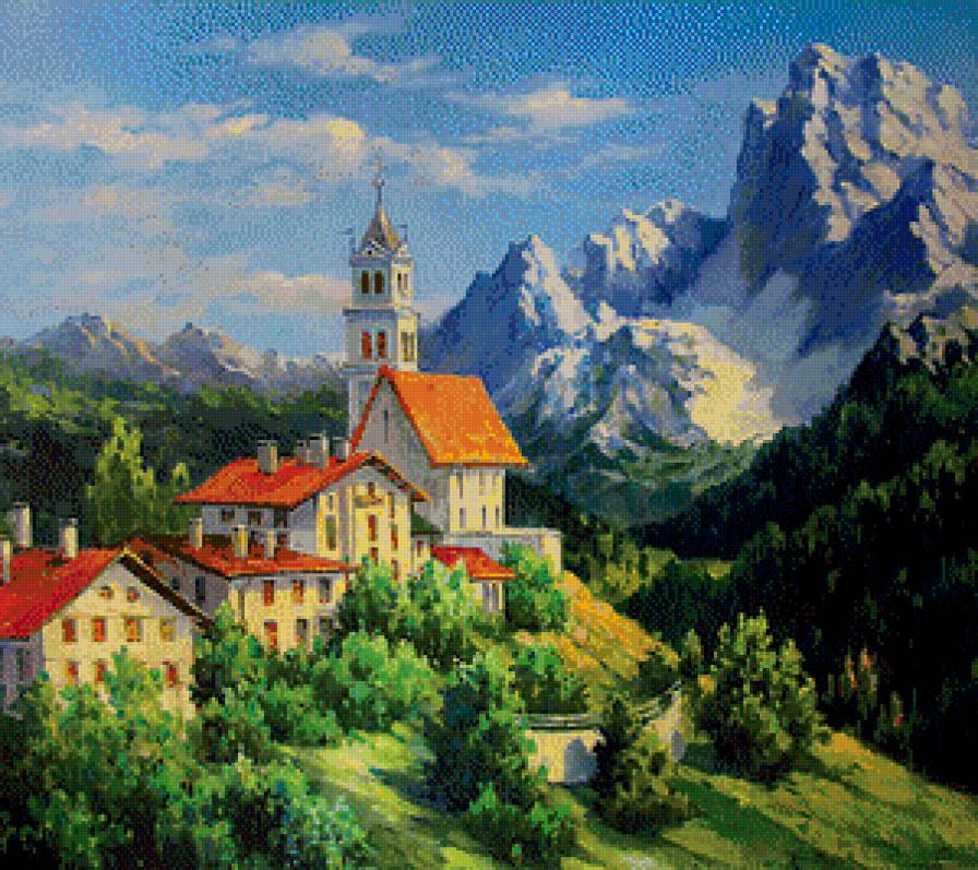 Альпы - домики, замок, альпы, пейзаж, горы - предпросмотр