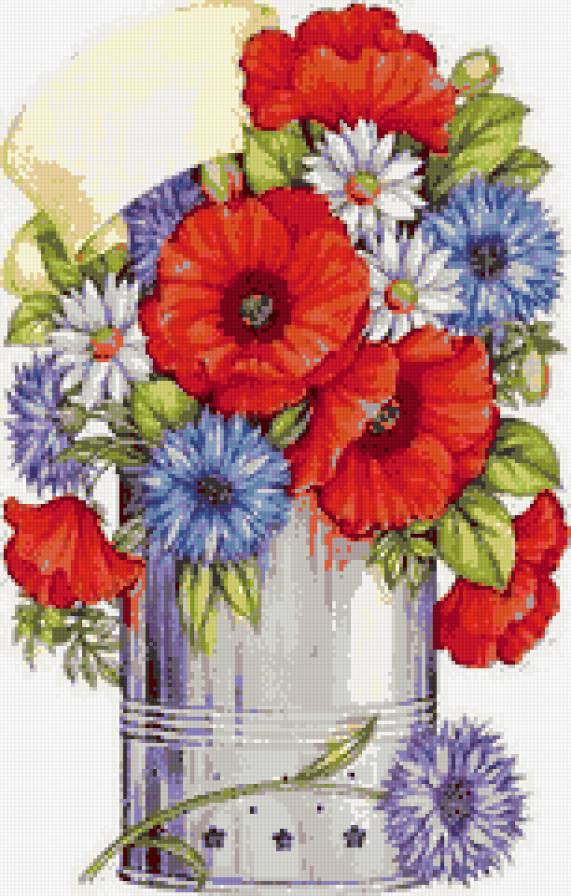 букет цветов - букет, ведерко, маки, ромашки, васильки - предпросмотр