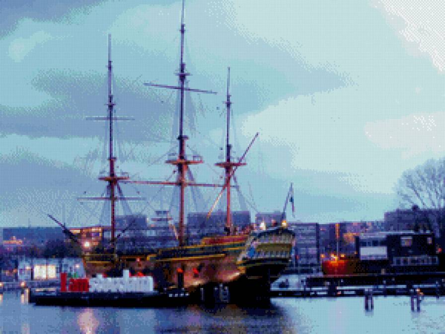 Амстердам - пейзаж, город, голландия, корабль, амстердам, набережная - предпросмотр