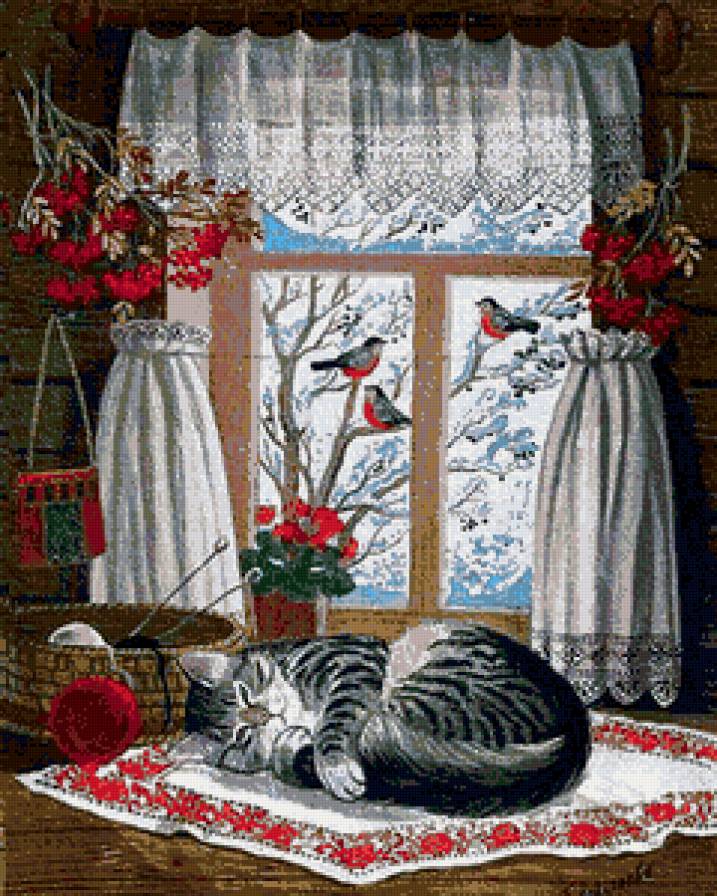 за окошком зима - дом, деревня, птицы, кошка, окно, зима - предпросмотр