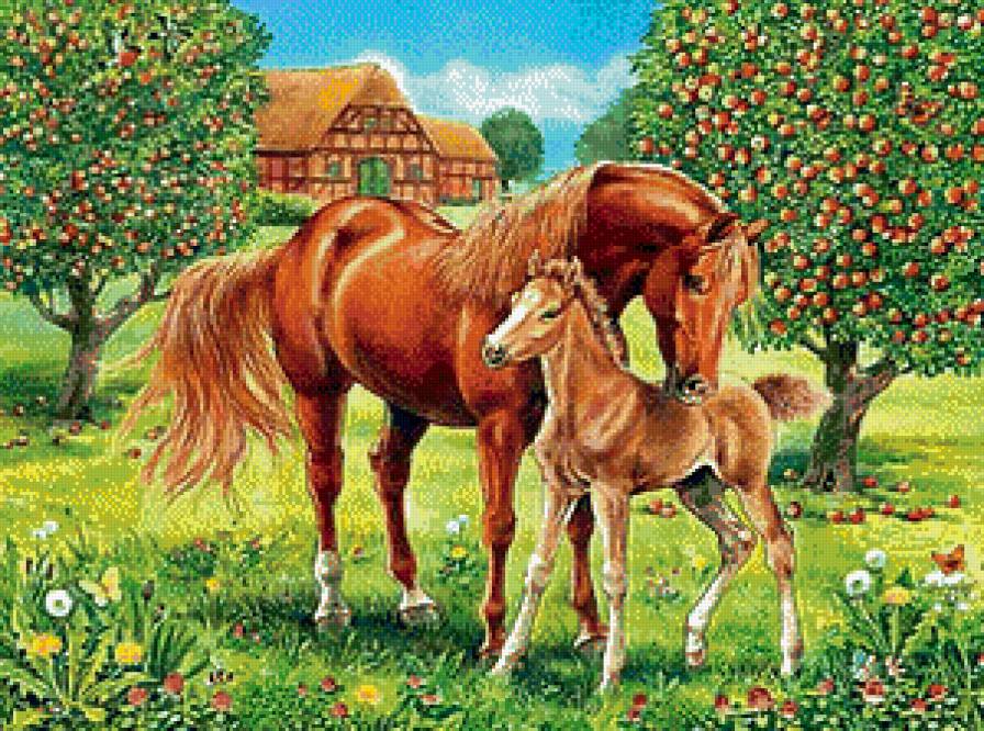 Ласковая мама - пейзаж, домик, лошади, животные, кони, жеребята, яблони - предпросмотр