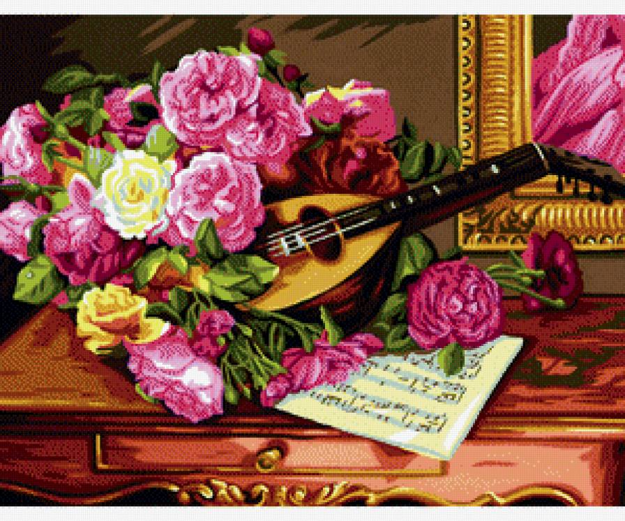 Музыкальный натюрморт - цветы, ноты, натюрморт - предпросмотр